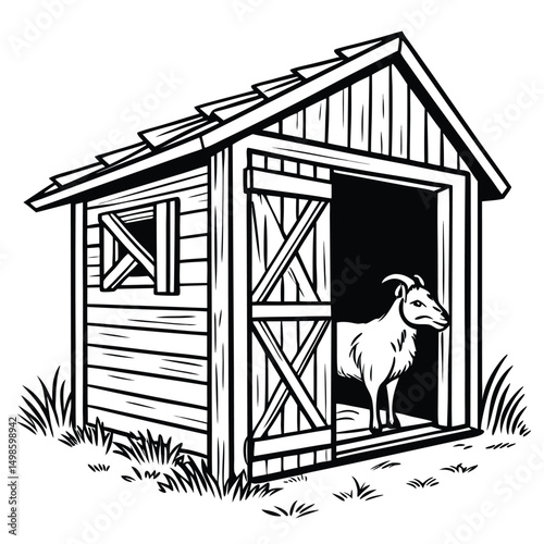 Goat Shed with Standing Goat Illustration