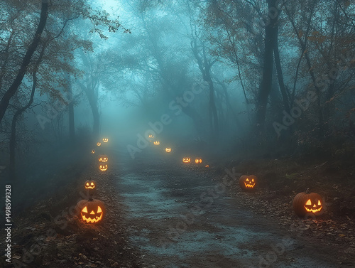 This is a background image of a foggy forest with glowing jack-o’-lanterns lighting a mysterious path, creating a spooky and magical Halloween atmosphere.