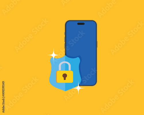 Smartphone security icon. Smartphone with protection shield and padlock. Phone protection shield Smartphone security icon.