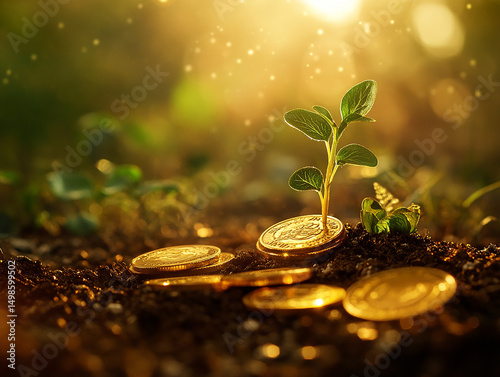 A background image showing golden coins stacked around a sprouting plant on fertile soil, with glowing sunlight and a touch of futuristic greenery, symbolizing financial growth and sustainability.