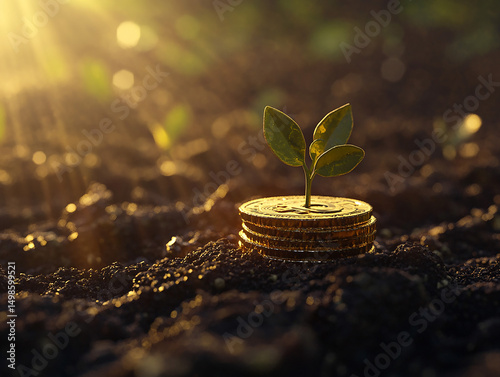 A background image showing golden coins stacked around a sprouting plant on fertile soil, with glowing sunlight and a touch of futuristic greenery, symbolizing financial growth and sustainability.