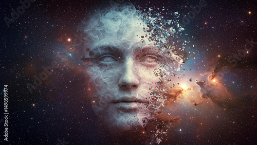 A Human Face Dissolving into the Universe as Particles Merge with the Cosmic Nebula in a Surreal Space Realm