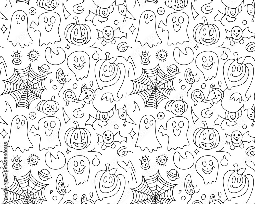 Fototapeta premium halloween seamless pattern, halloween, pumpkin, vector, autumn, pattern, illustration, seamless, orange, set, holiday, icon, october, celebration, design, cartoon, horror, spooky, fun, face, art, seas