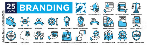 branding branding icon collection set. Containing Logo Design, Brand Identity, Business Card, Brand Guidelines, Brand Equity,