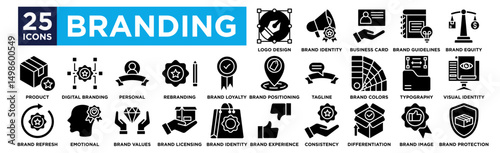 branding  branding icon collection set. Containing Logo Design, Brand Identity, Business Card, Brand Guidelines, Brand Equity,