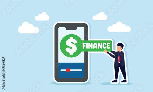 Businessman holding a board with dollar sign and finance text beside smartphone illustrating digital archiving and documentation of financial data