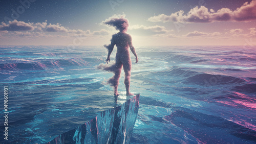 A Lone Figure Standing on a Shimmering Ice Cliff, Gazing Toward the Endless Ocean Beneath a Dreamlike Sky