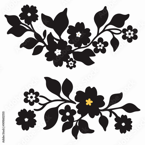grounded floral, ethnic flower border, silhouette flower pattern, folk floral design, repeat flower motif, floral strip, textile print, embroidery border, decorative base flowers, ornamental layout, p