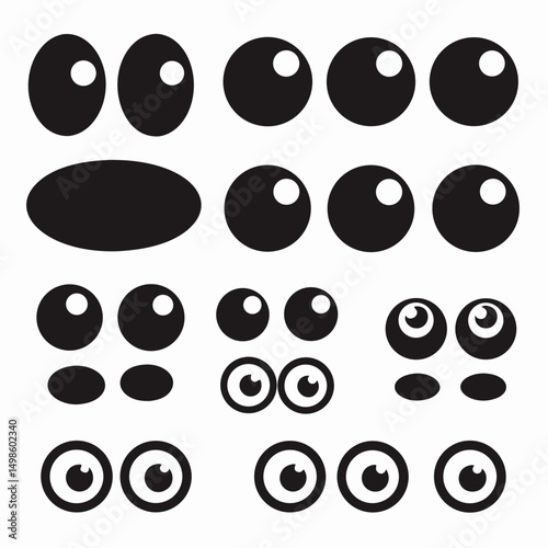 Funny cartoon eye silhouette set with multiple oval and circular pupil expressions, ideal for digital avatars, emoji characters, kids crafts, comic books, or sticker illustrations