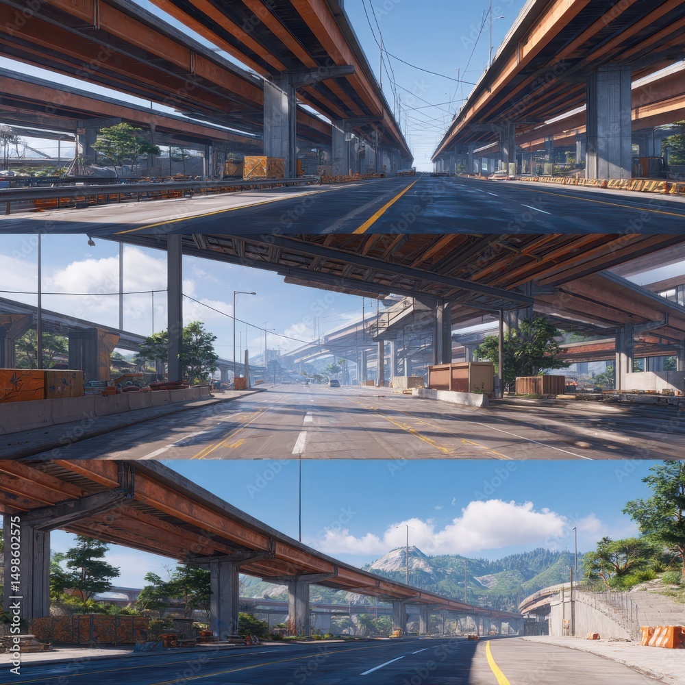 Fototapeta premium Urban Intersection with Elevated Roads and Blue Sky Above