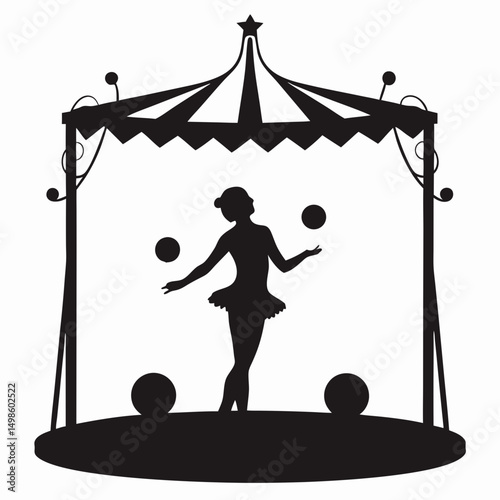 Circus Performer Balancing on Ball with Hoop and Audience Vector Silhouette for Entertainment, Event Flyers, and Carnival Themed Art Projects