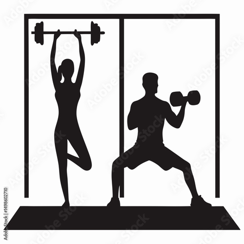 Silhouette Vector of Man and Woman in Gym Workout with Weights – Perfect for Fitness Posters, Gym Branding, Workout Flyers, and Training Routine Graphics