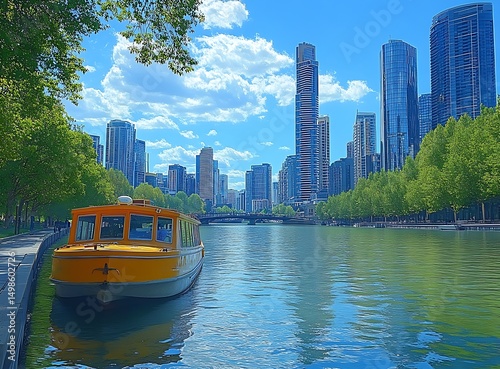 Yellow river boat cityscape summer day chicago