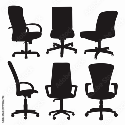 Office Chair Silhouette Vector Set with Multiple Styles Including Ergonomic, Swivel, High-Back Designs for Work-from-Home Projects, Icons, and Office Branding