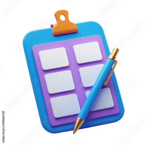 3d render of checklist clipboard and pen