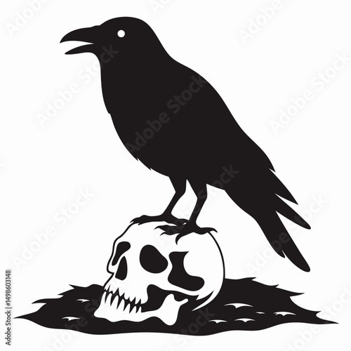 Isolated vector depicts a striking contrast where a black raven silhouette stands guard atop a white skull. This illustration evokes mystery, creating a visually compelling image.