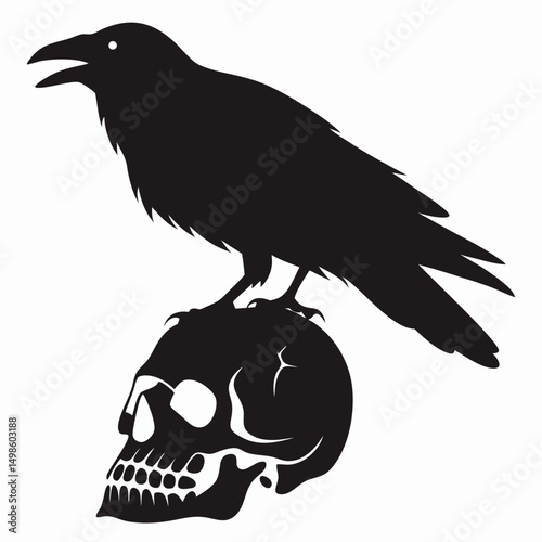Vector silhouette features a foreboding raven perched atop a human skull, creating a spooky and mysterious scene. The bird's dark outline contrasts sharply against the bone.