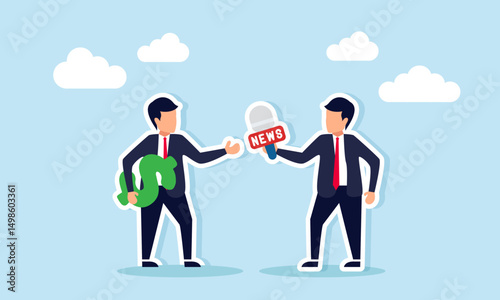 Journalist interviewing businessman holding a dollar sign illustration of interview about success in managing business company finances