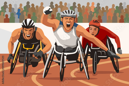 disabled people race using wheelchairs flat color illustration design vector