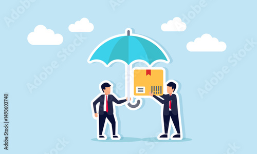 Businessman holding an umbrella protecting another businessman carrying a package box illustration of insurance in logistics business