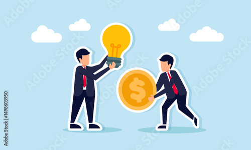 Businessman holding a happy emoticon and another holding a dollar coin illustration of applying ideas and innovation in business to increase profit and revenue