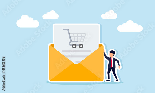 Businessman standing beside an envelope containing a document with a shopping cart illustration of email offering business products