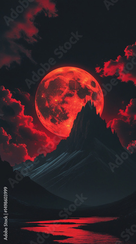 Red planet Earth's volcanic night landscape glows with a dark orange beauty under the moonlit sky