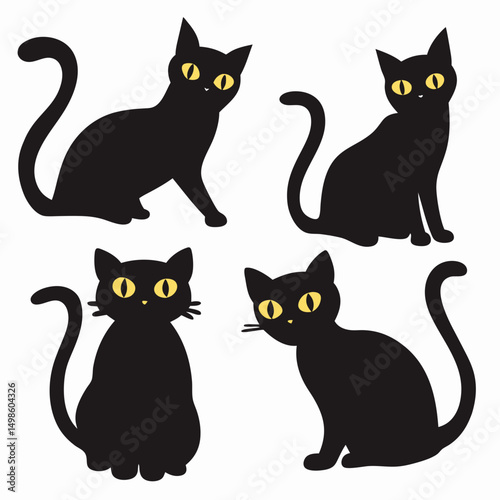 The image shows four black cartoon cats with bright yellow eyes, each sitting in a different pose against a stark white background. Each feline has a distinct silhouette.