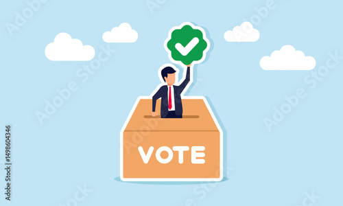 Businessman emerging from vote box holding checkmark illustration of vote verification and validation results