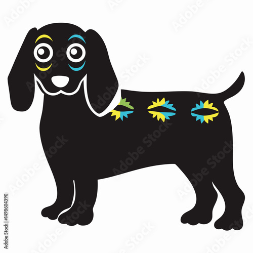 Single black dachshund silhouette is shown with colorful detail in eyes and on its side; displayed with clean lines, and a transparent background making it versatile.