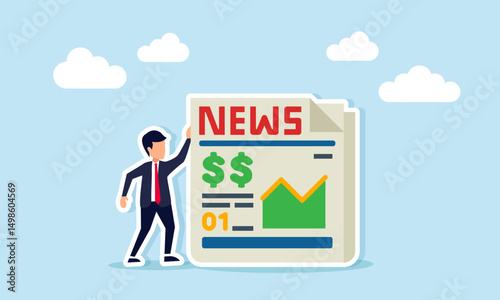 Businessman standing beside newspaper featuring financial graph and dollar sign illustrating global economic news