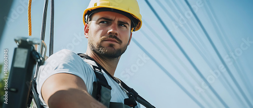Construction Worker in Safety Gear on a Utility Pole