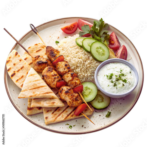 Delicious greek souvlaki skewer meal with fresh salad and cucumber png