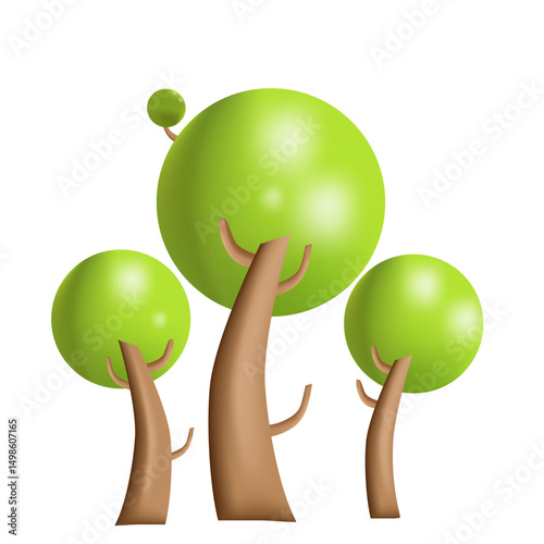 Vector illustration of three trees with volumetric crown in 3D style