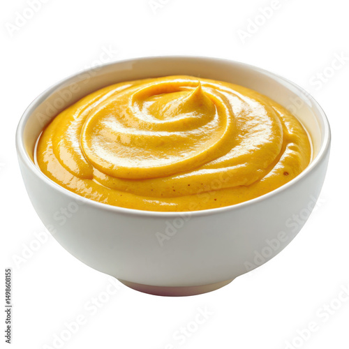 Smooth Dijon Mustard in White Bowl Isolated on White Background