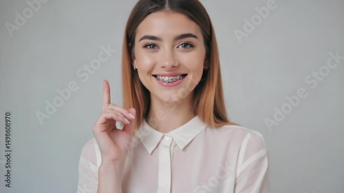 Happy Revelation: A smiling woman with dental braces, dressed in a crisp white shirt, points her index finger upwards. Her expression suggests an idea or thought process