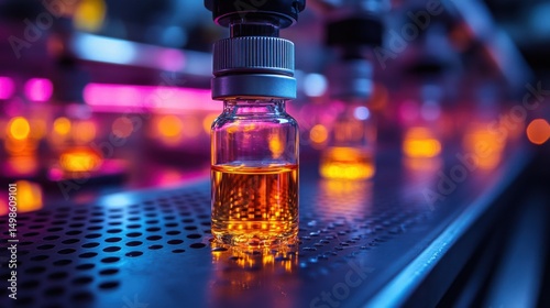 Filled Vial on Perforated Metal Surface with Automated Equipment