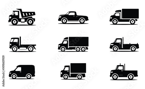 Collection of black silhouettes various trucks and vans