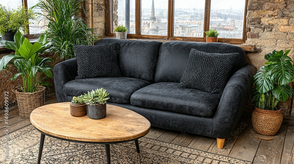 Obraz premium Dark gray sectional sofa with decorative pillows and wooden coffee table.