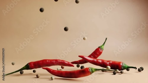 Spicy Red Chili Pepper Cascade: An appetizing and artful presentation of vibrant red chili peppers, accompanied by a playful cascade of peppercorns, creating a tantalizing visual spectacle.