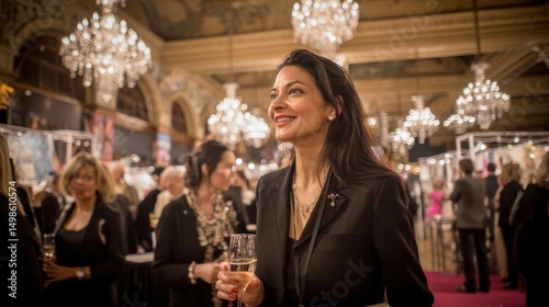 Elegant Woman Enjoying a Drink at a Formal Event in Grand Venue