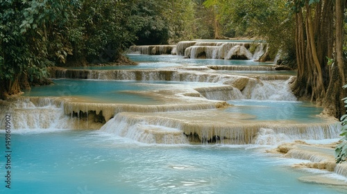 Serene cascade of turquoise waterfalls cascading down a series of rock formations in a lush jungle setting