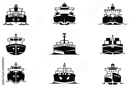 Nine black and white cargo ship icons set