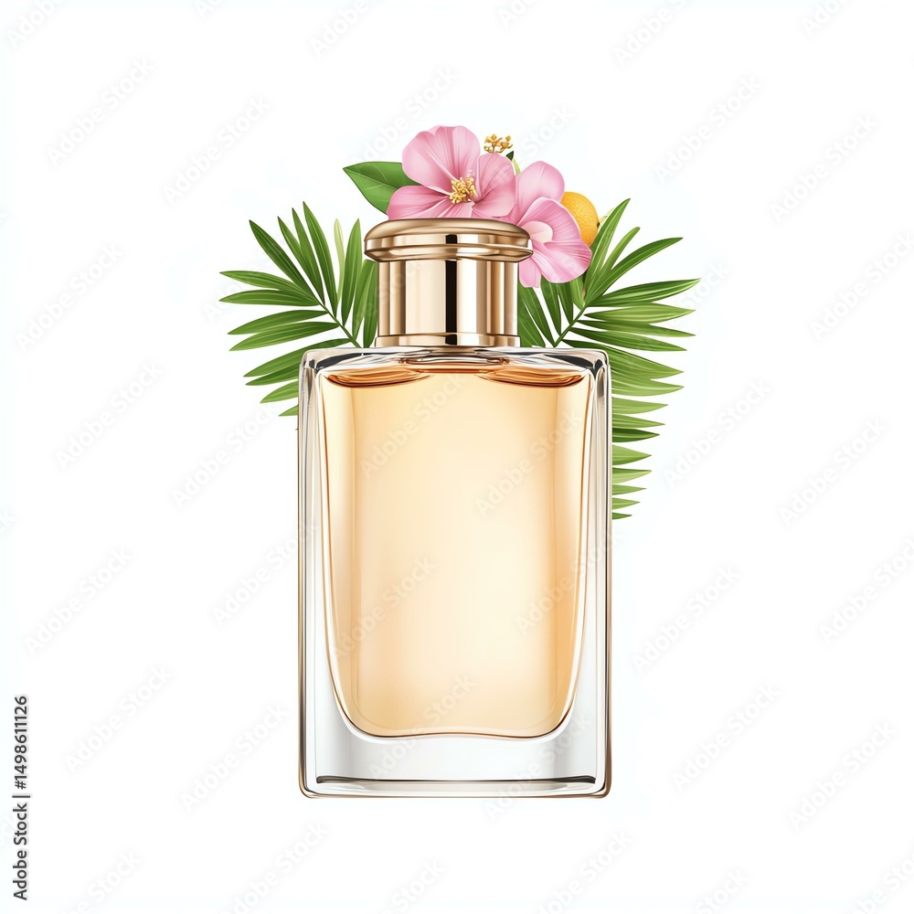 Amber perfume in a glass bottle with a gold cap Elegant perfume bottle surrounded by tropical flowers and leaves, symbolizing luxury and freshness in fragrance design. Amber perfume in a glass bottle with a gold cap Elegant perfume bottle surrounded by tropical flowers and leaves, symbolizing luxury and freshness in fragrance design.