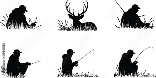 Silhouettes of hunters and fishermen in grasslands