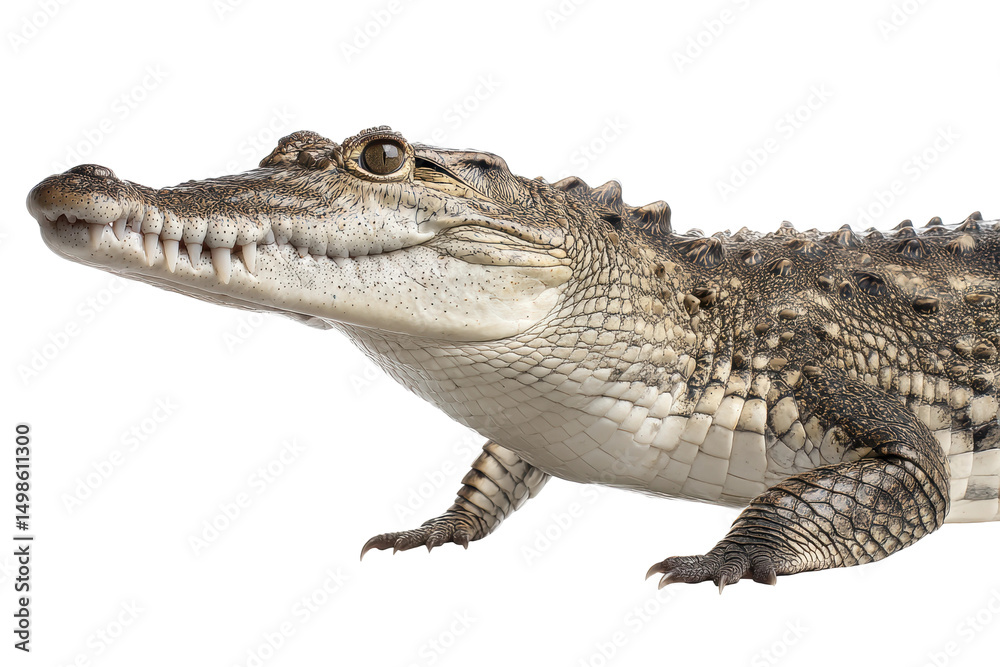 Fototapeta premium Close-up of a mature crocodile with textured scales against white background, cut out