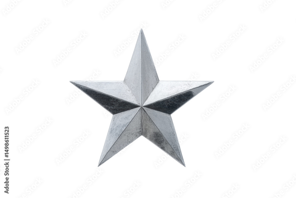 Obraz premium Shiny metallic silver star with five points on black background, cut out