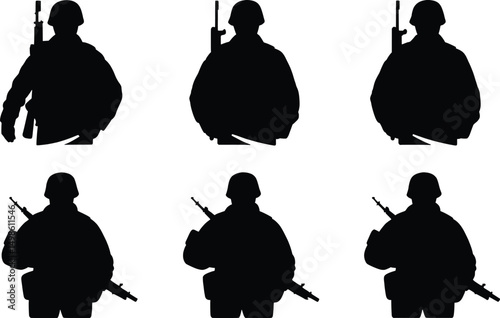 Six silhouettes of soldiers with rifles standing at attention