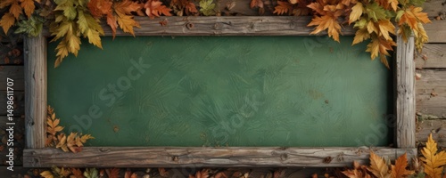 Aged green wood sign, autumn leaves log frame , vintage, background