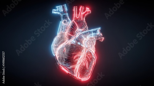 Neon Heart Illustration with Blue and Red Glow on Dark Background